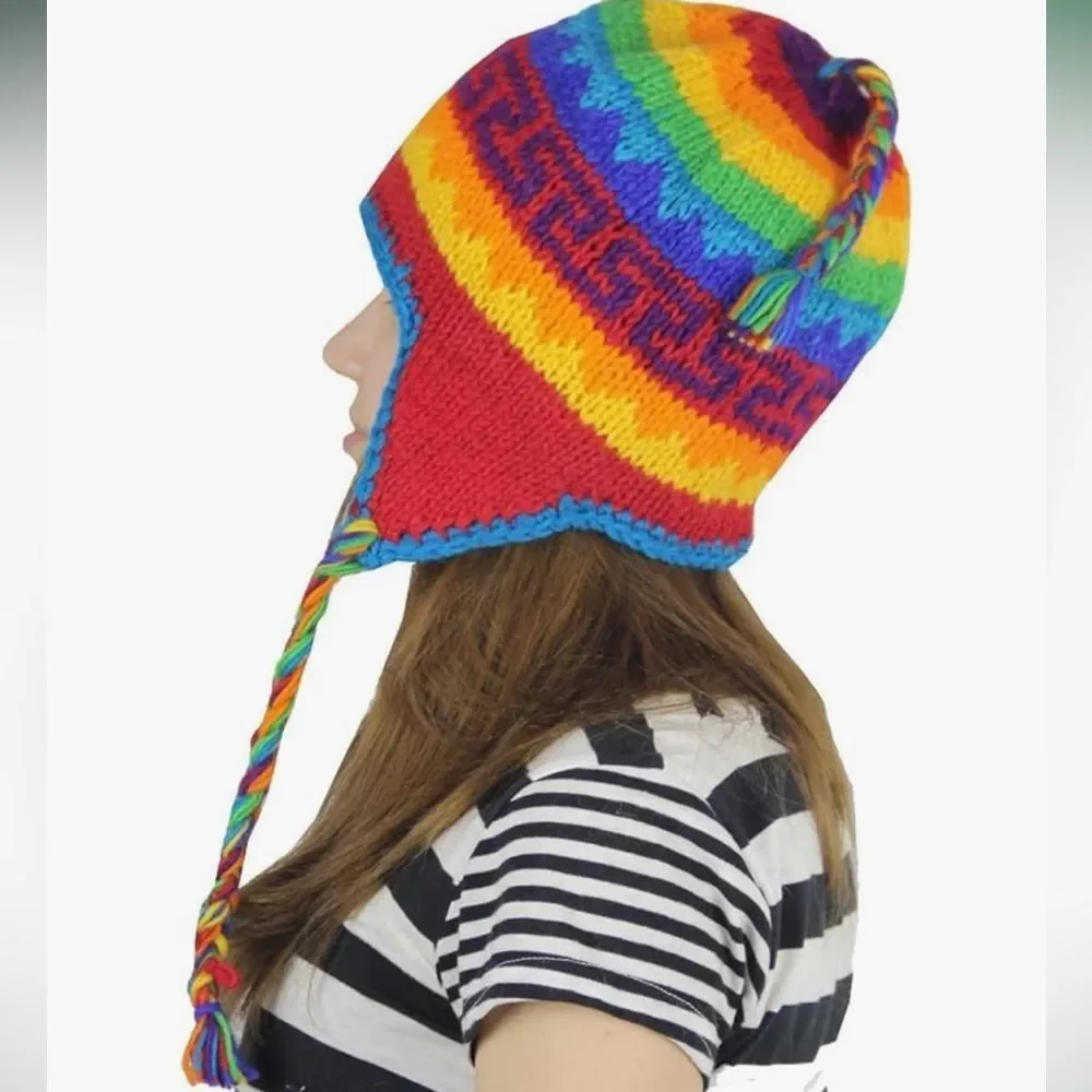 Wool Rainbow Nepal Hand Knit Ear Flaps Beanie